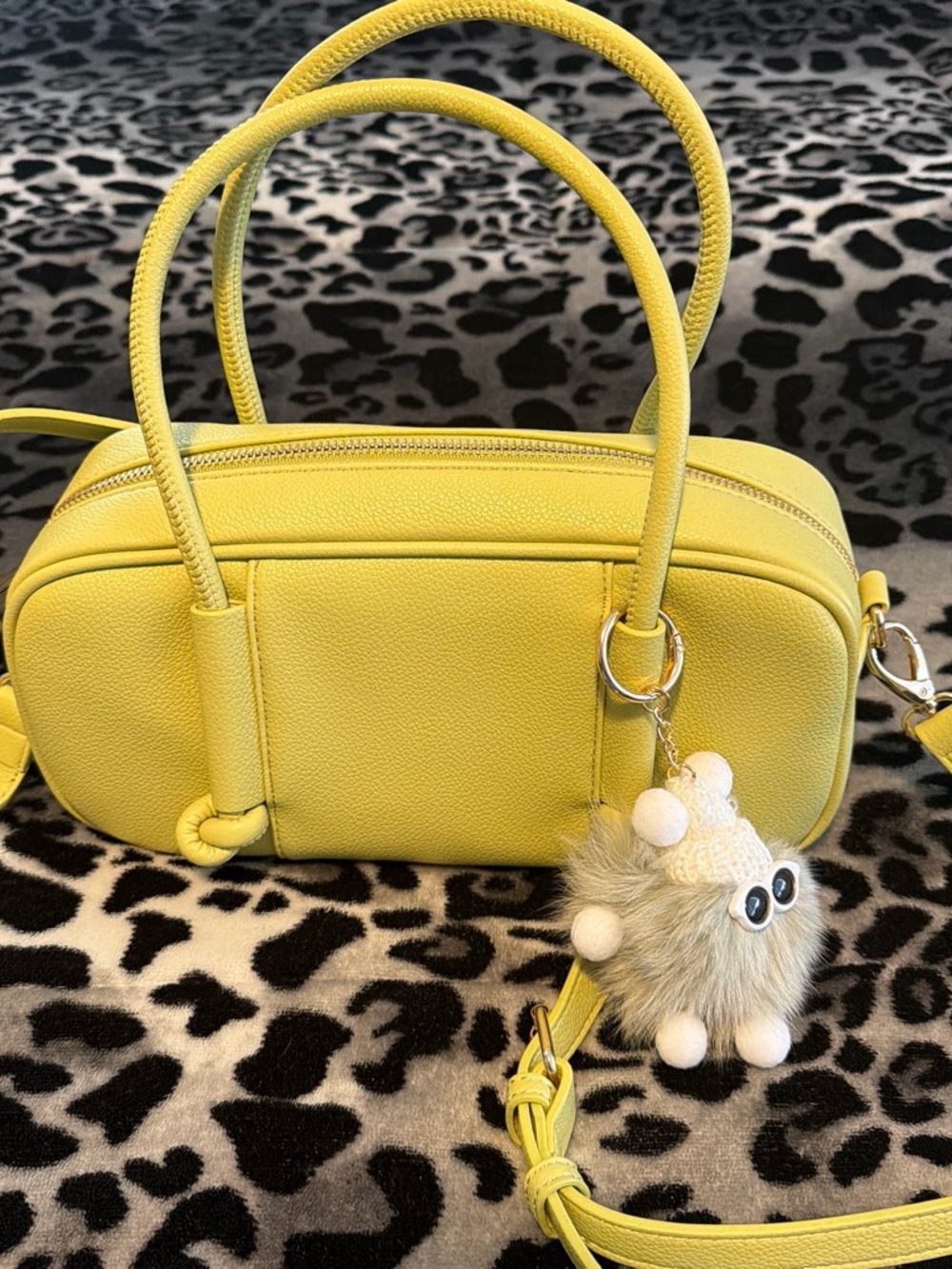 Bright Yellow Pebbled Crossbody Satchel with Pom Charm